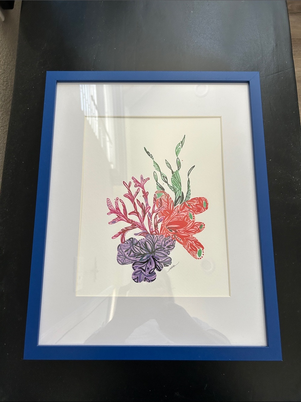 NEW Floral Artwork in Blue Frame - Pink, Coral, Purple & Green